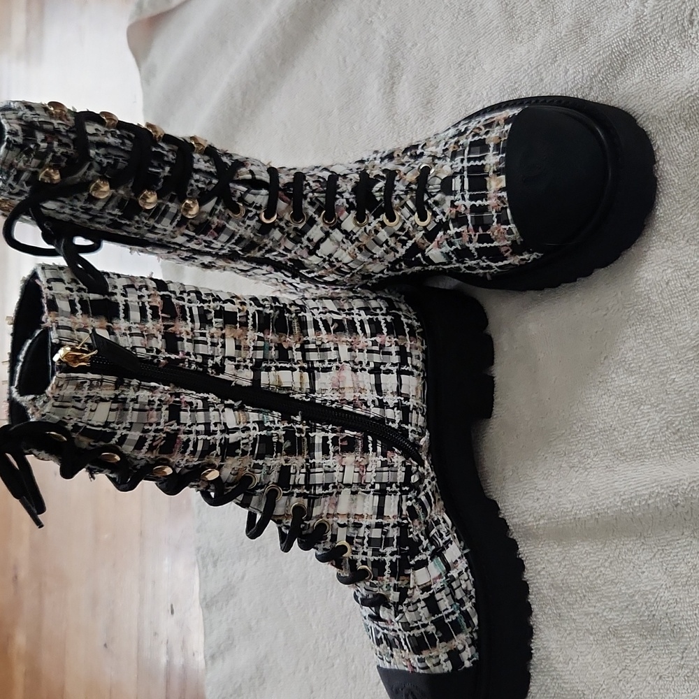 Chanel tweed combat boots